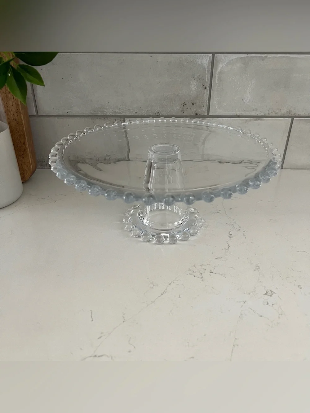 CANDLEWICK Style Clear Glass Beaded Cake Stand